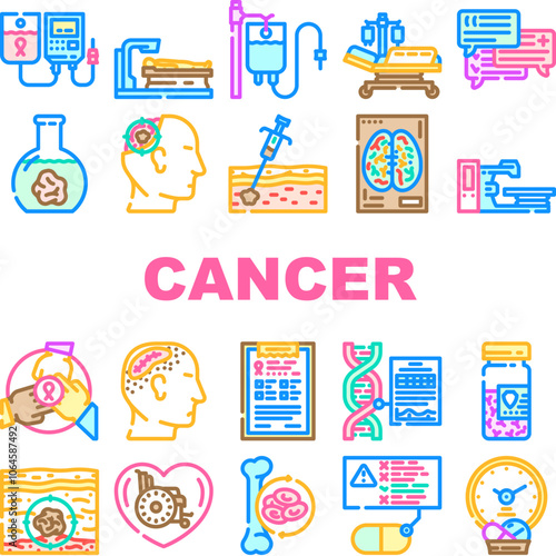cancer treatment chemotherapy icons set vector. immunotherapy radiotherapy, surgery targeted, hormone precision, oncologist, biopsy cancer treatment chemotherapy color line illustrations