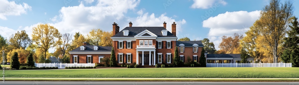 Brick Colonial Mansion with White Fence and Lush Green Lawn Brick Colonial Mansion with White Fence and Lush Green Lawn