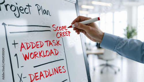 Project Management Process Highlighting Scope Creep with Handwritten Notes and Diagrams