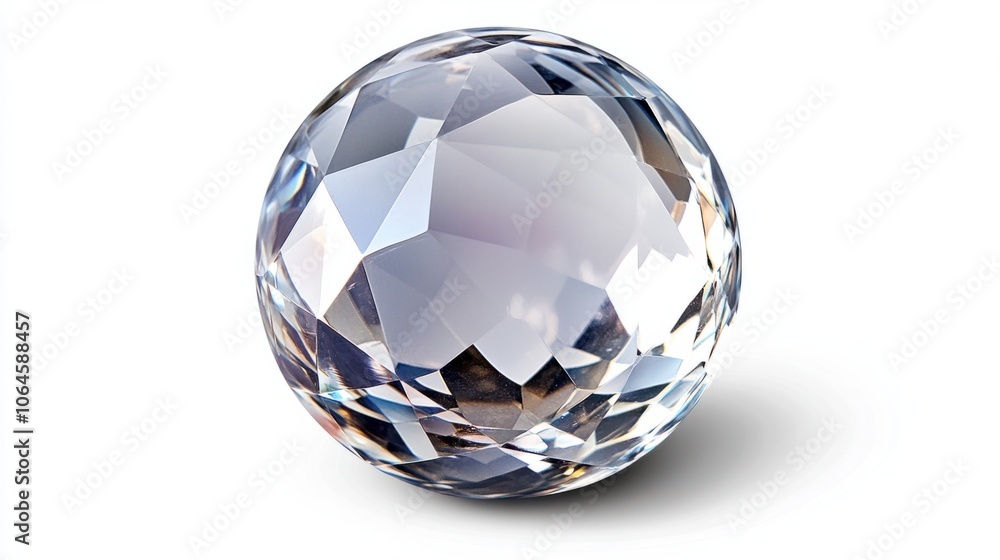 Clear crystal sphere on a plain white background, refracting light to create a magical effect Clear crystal sphere on a plain white background, refracting light to create a magical effect