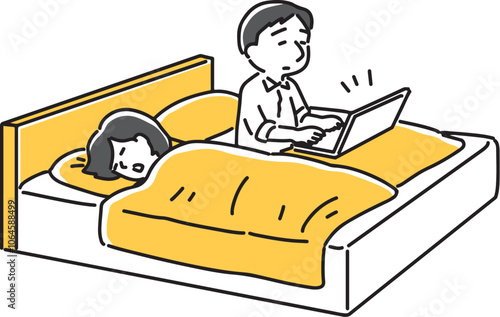 寝ている嫁の横で仕事をする夫