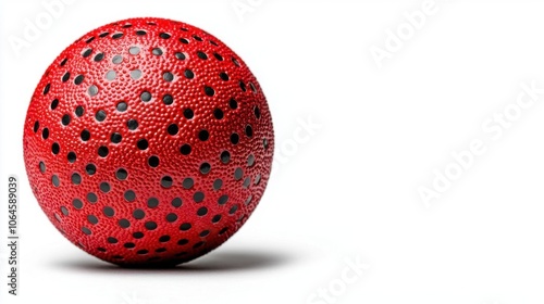 A photostock of a bouncy red rubber ball on a white background, isolated and playful.