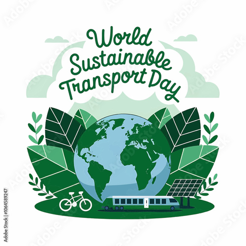 "Vector Illustration of World Sustainable Transport Day, Emphasizing Eco-Friendly Travel with Bike, Bus, and Nature Elements"