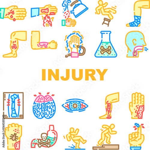 household injury fall burn cut icons set vector. slip trip, bruise sprain, fracture shock, poison choke, scald crush, strain puncture household injury fall burn cut color line illustrations
