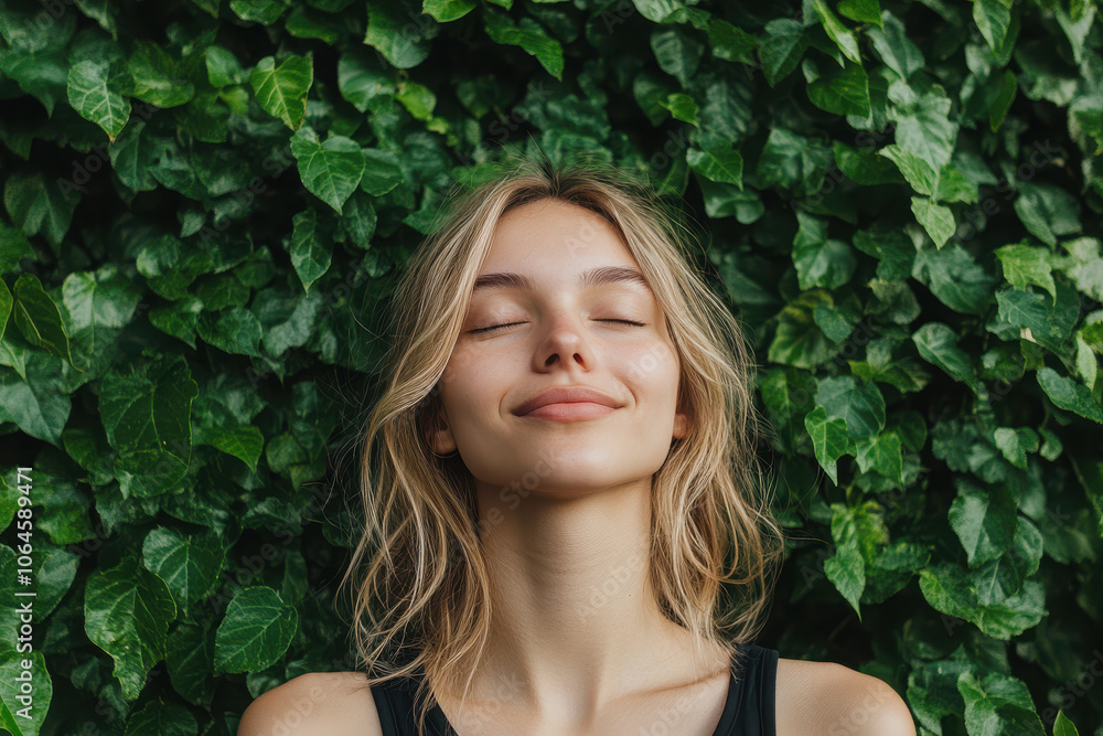 A serene young woman with closed eyes smiles against a backdrop of lush green leaves. A serene young woman with closed eyes smiles against a backdrop of lush green leaves.