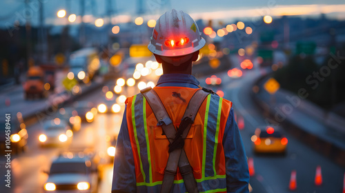 construction worker wearing a hard hat, a reflective vest, and currently working on a high-speed highway construction site.