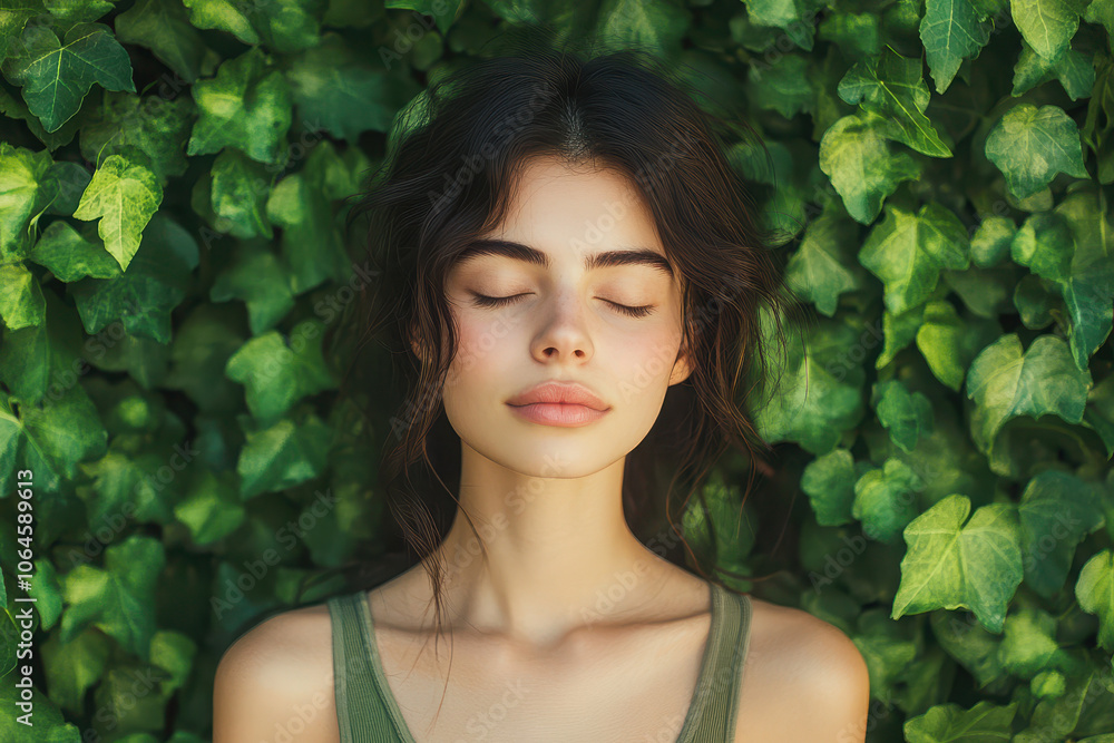 A serene young woman with closed eyes in front of lush green ivy leaves.