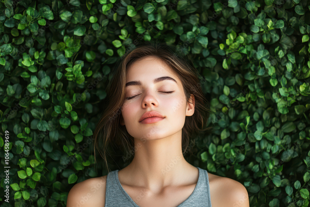 A serene woman with closed eyes rests against a lush green backdrop. A serene woman with closed eyes rests against a lush green backdrop.