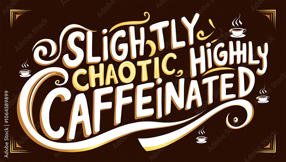 Obraz premium Bold, vibrant poster displaying “Slightly Chaotic, Highly Caffeinated” in quirky, energetic typography, using coffee-inspired colors for a fun, dynamic vibe.