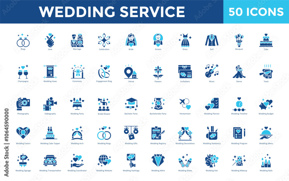 custom made wallpaper toronto digitalWedding Service icon set with rings, love, marriage, celebration, bride, groom, dress, suit, bouquet, cake icon. Simple flat vector