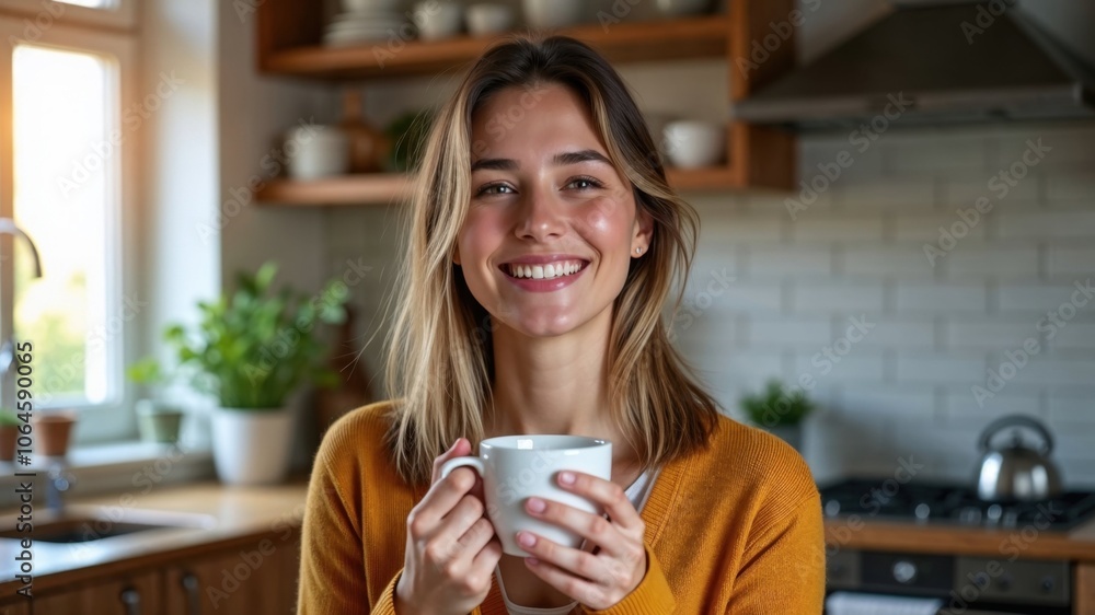 smiling woman holding a white mug in a cozy kitchen. She is wearing a mustard yellow sweater, standing in front of a well-lit, modern kitchen with wooden shelves and plants smiling woman holding a white mug in a cozy kitchen. She is wearing a mustard yellow sweater, standing in front of a well-lit, modern kitchen with wooden shelves and plants