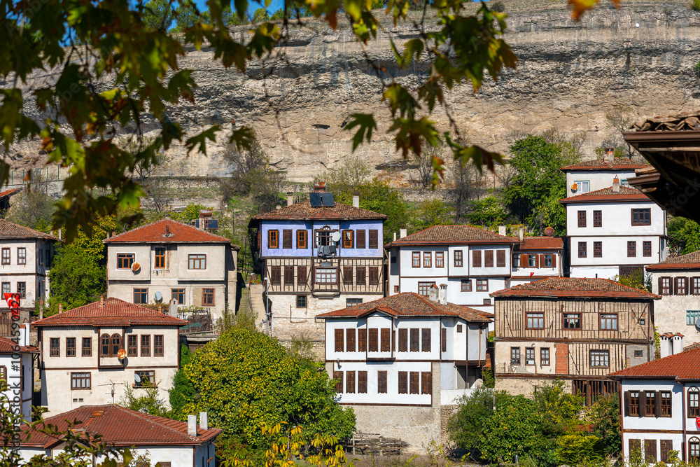 Fototapeta premium Traditional Ottoman Houses in Safranbolu. Safranbolu UNESCO World Heritage Site. Old wooden mansions turkish architecture. Safranbolu landscape view.