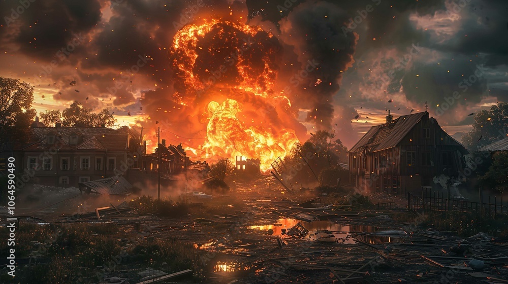 Destruction, flames and smoke caused by war Destruction, flames and smoke caused by war