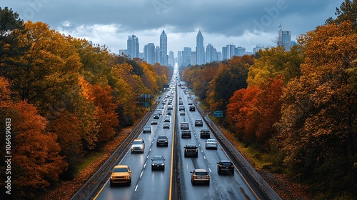 City skyline view with cars on a highway surrounded by autumn trees. photo