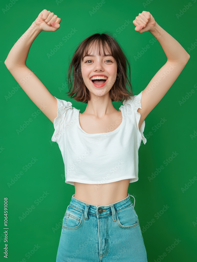 A joyful young woman celebrates with raised arms in front of a vibrant green background. A joyful young woman celebrates with raised arms in front of a vibrant green background.