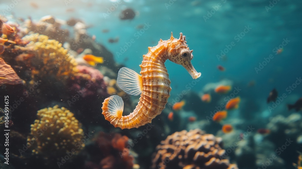 A single seahorse swims through a vibrant coral reef with other fish, sun shining through the water.