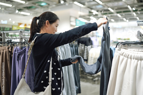 Foto Young Woman Shopping for Clothes in a Modern Retail Store