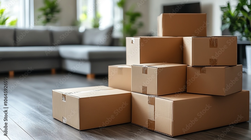 Stacked cardboard boxes in a modern living room setting. Stacked cardboard boxes in a modern living room setting.