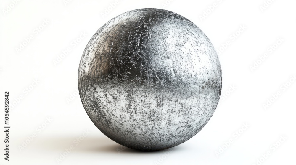 Textured silver sphere isolated on white, capturing a metallic, industrial look with subtle shadows Textured silver sphere isolated on white, capturing a metallic, industrial look with subtle shadows
