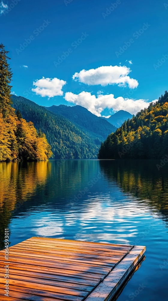 Obraz premium A serene lake scene with a wooden dock surrounded by lush mountains under a bright blue sky with fluffy clouds reflecting on the water.