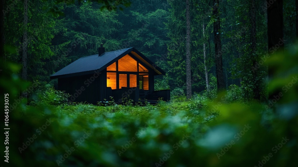 A cozy cabin glowing warmly in the dark, surrounded by lush greenery and towering trees, creating a tranquil forest atmosphere. A cozy cabin glowing warmly in the dark, surrounded by lush greenery and towering trees, creating a tranquil forest atmosphere.