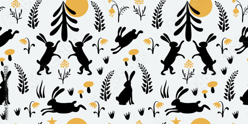 Rabbit silhouette in forest folk style seamless pattern design, black and yellow. Chinese mid autumn festival