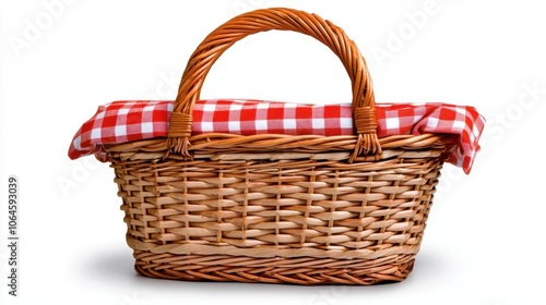 A photostock of a wicker picnic basket with a red checkered cloth on a white background, rustic and inviting. photo