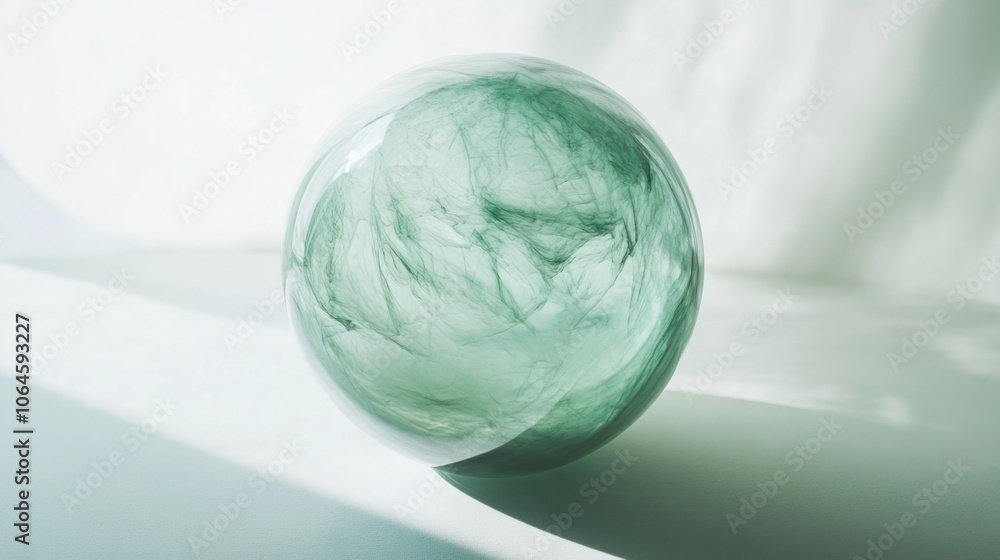 Translucent green sphere on a white background, showing light refractions and creating an ethereal look Translucent green sphere on a white background, showing light refractions and creating an ethereal look