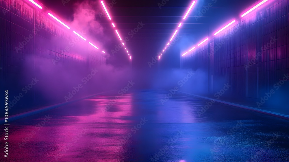 Mesmerizing Neon Lit Dark Urban Street Scene with Smoky Atmosphere and Dramatic Lighting Mesmerizing Neon Lit Dark Urban Street Scene with Smoky Atmosphere and Dramatic Lighting