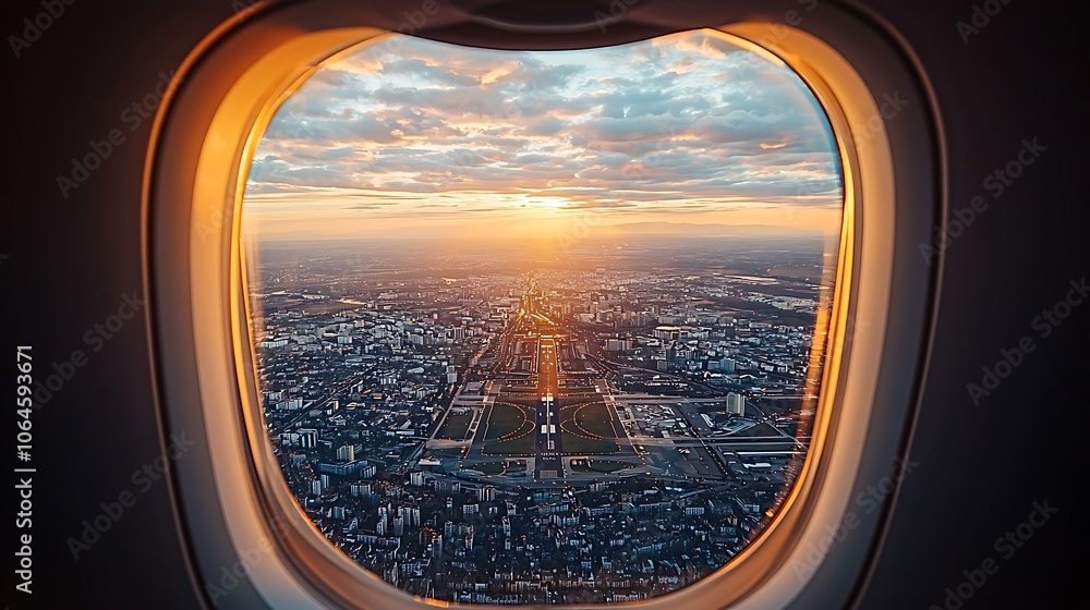 Fototapeta premium Airplane Window View of Sunset Over City and Airport Runway