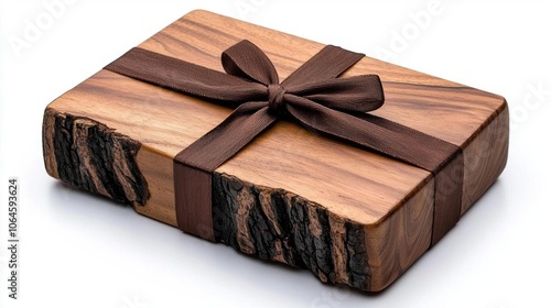 A photostock of a wooden box with ribbon on a white background, rustic and festive.