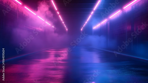 Mesmerizing Neon Lit Dark Urban Street Scene with Smoky Atmosphere and Dramatic Lighting