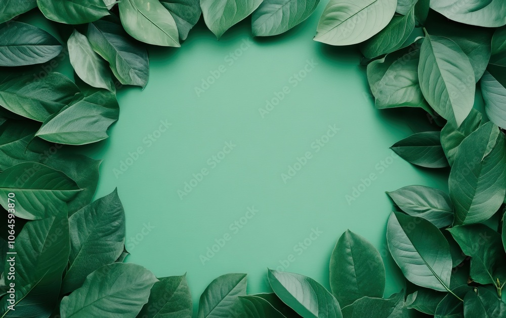 Fototapeta premium A circle of lush green leaves frames a solid green background, creating a natural and calming aesthetic.