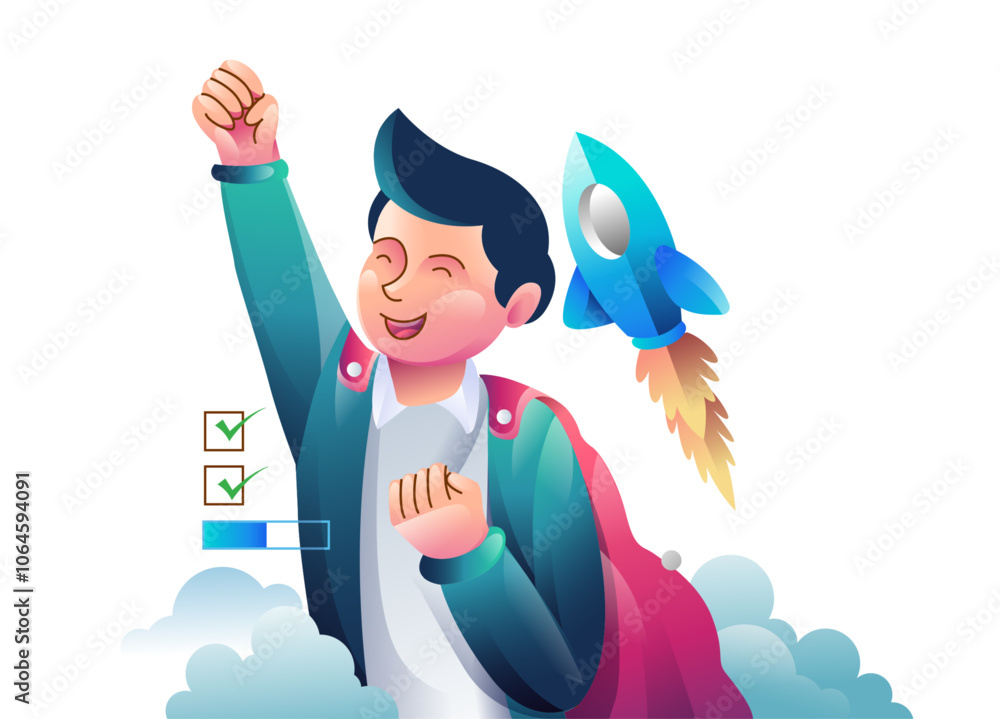 Startup concept concept illustrations. Modern flat design illustration of a motivated young man starting a business venture with a startup concept