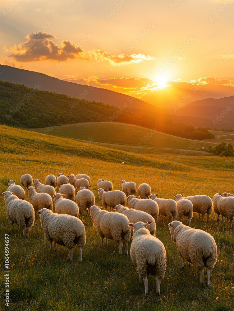 A serene landscape at sunset with a flock of sheep grazing in a lush green field. A serene landscape at sunset with a flock of sheep grazing in a lush green field.