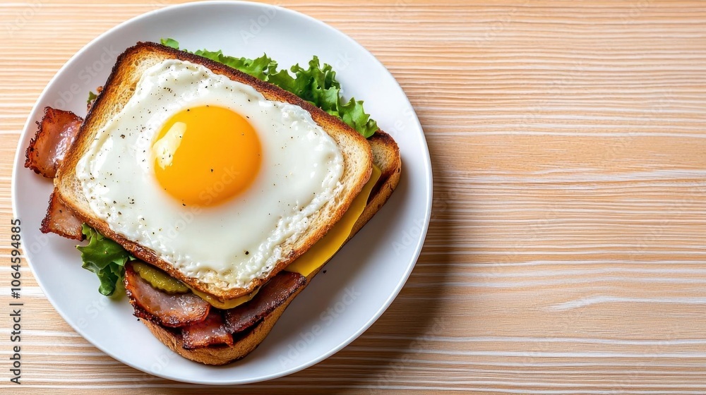 A photostock of a breakfast sandwich on a white plate, close-up and appetizing. A photostock of a breakfast sandwich on a white plate, close-up and appetizing.