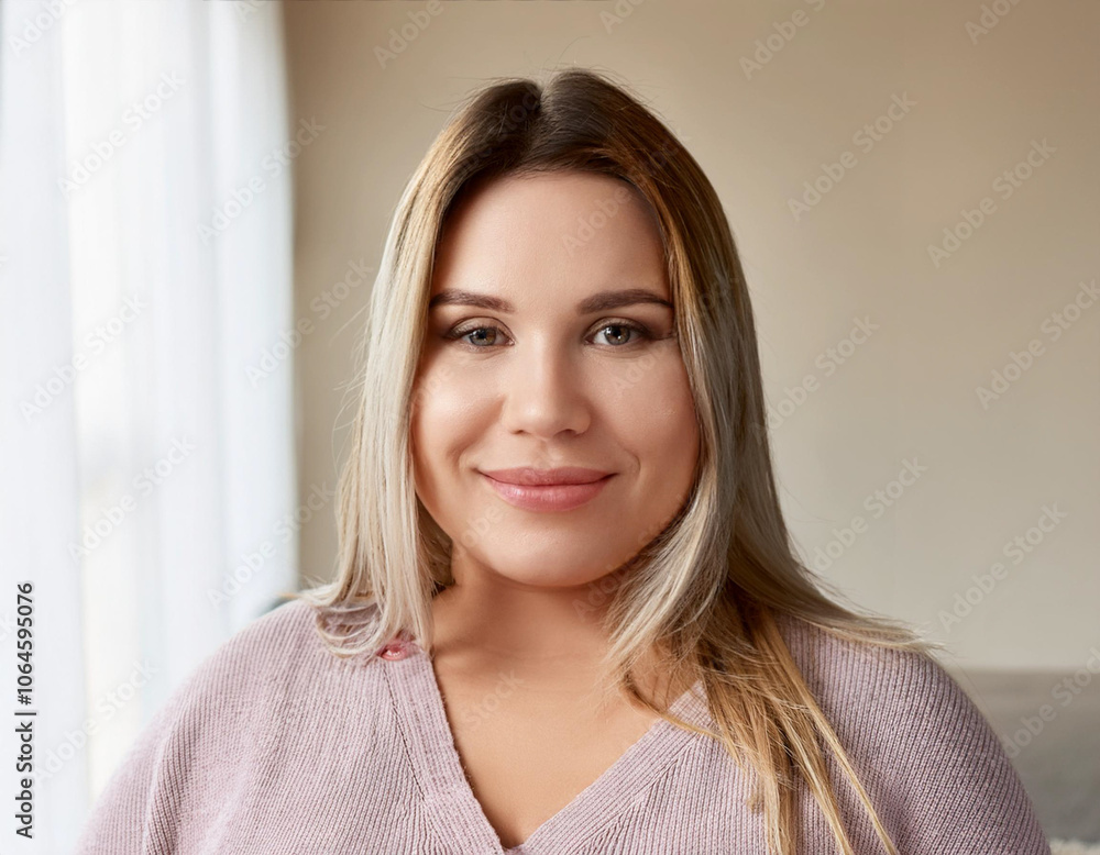 Portrait of Young Beautiful Woman in Sustainable Minimalist Clothing Indoors Portrait of Young Beautiful Woman in Sustainable Minimalist Clothing Indoors