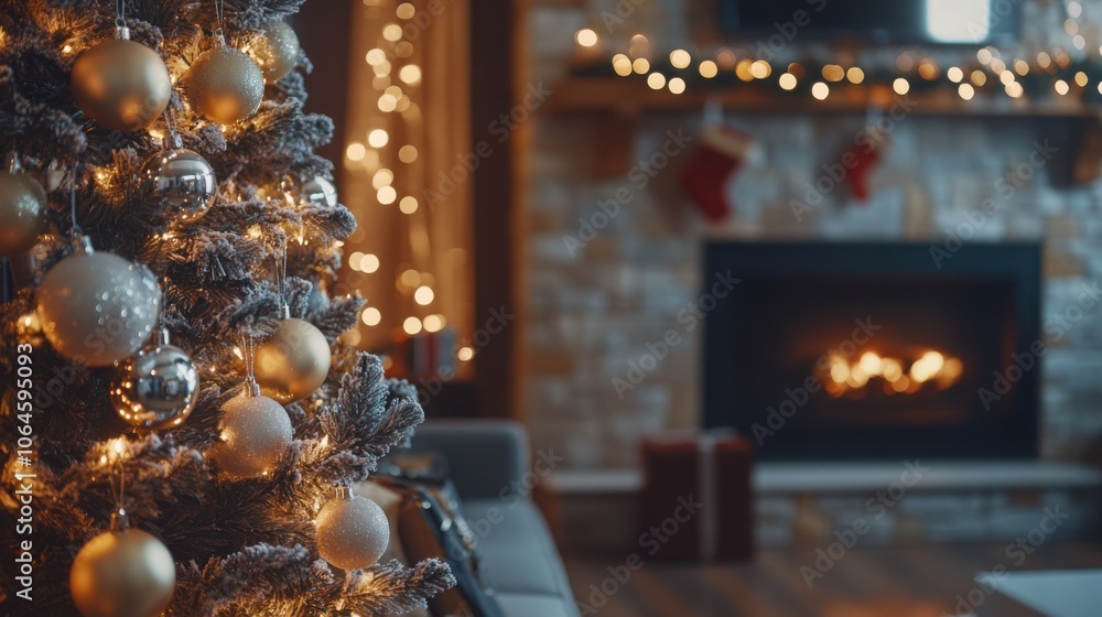 Merry Christmas living room with a sparkling tree and a stone fireplace adorned with garlands. Merry Christmas living room with a sparkling tree and a stone fireplace adorned with garlands.