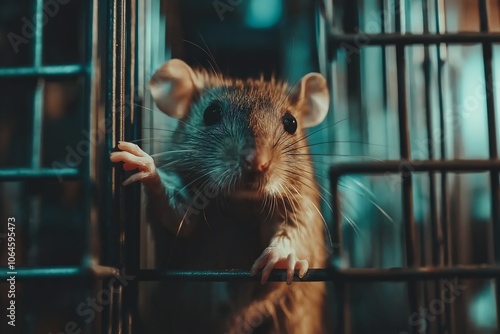 A close-up view of a curious brown rat peering through the bars of a small cage in a dimly lit room, showcasing its expressive eyes and whiskers