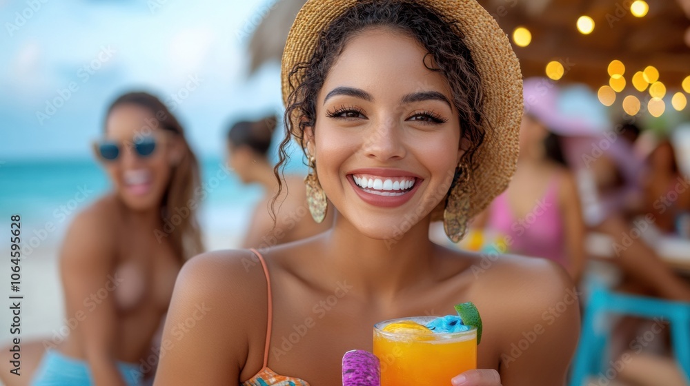 Naklejka premium Smiling woman enjoying a tropical drink at a beachside bar, AI