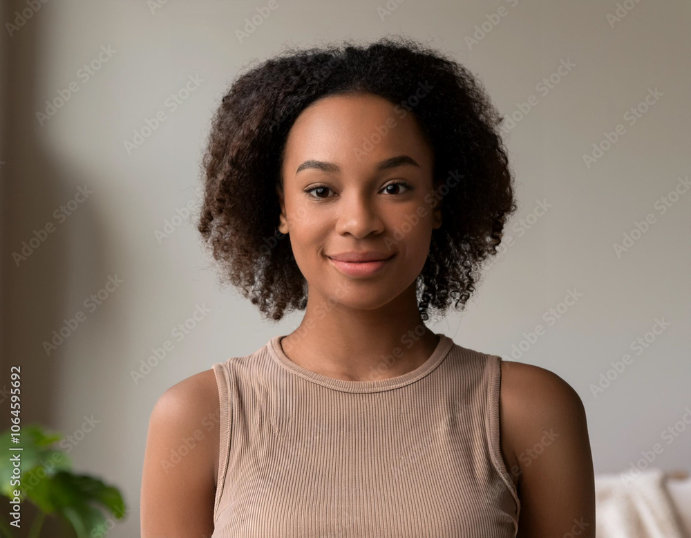 Portrait of Young Beautiful Woman in Sustainable Minimalist Clothing Indoors Portrait of Young Beautiful Woman in Sustainable Minimalist Clothing Indoors