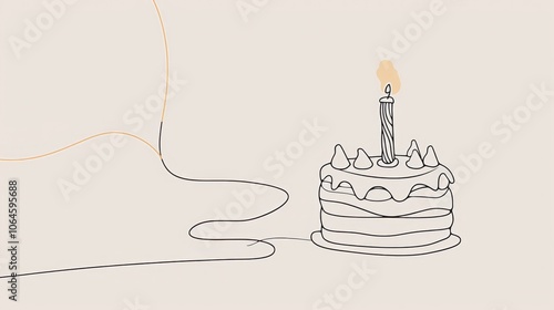 Minimalistic single line drawing of a birthday cake with candle, simple flat art vector illustration on white background, high resolution, elegant and modern design for greeting cards and invitation.