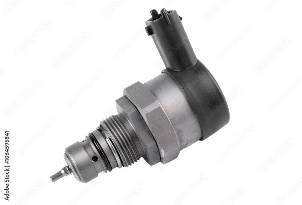 New rail fuel pressure sensor on white background close up New rail fuel pressure sensor on white background close up