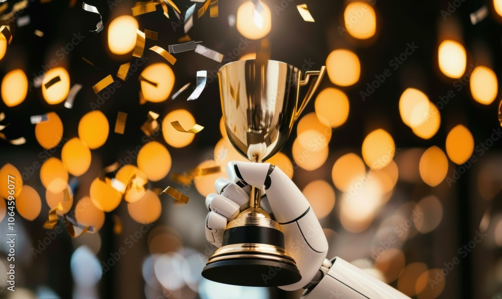 A robotic hand holding a golden trophy with confetti falling around it. AI. A robotic hand holding a golden trophy with confetti falling around it. AI.