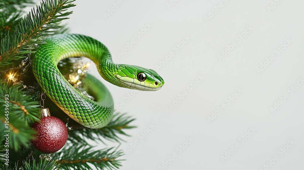 Fototapeta premium A vivid green snake coiled around a Christmas tree adorned with ornaments, showcasing the unexpected blend of wildlife and holiday decor during the festive season