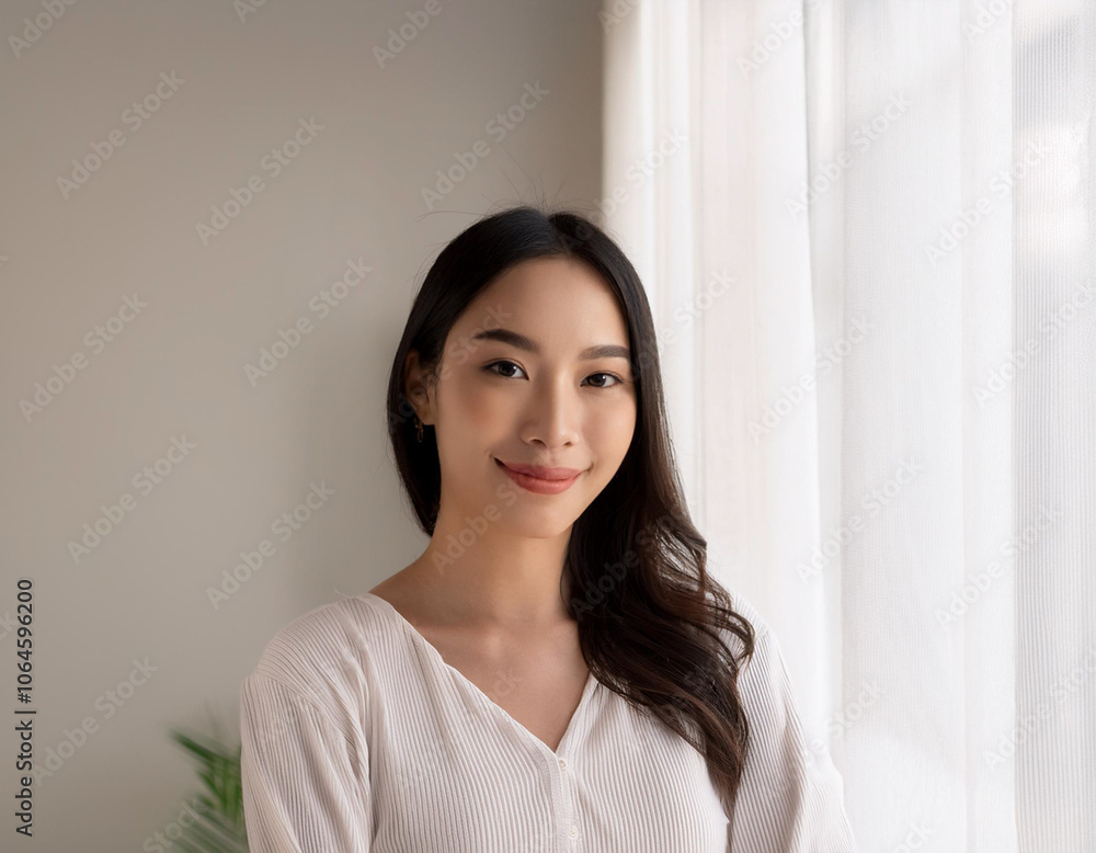 Portrait of Young Beautiful Woman in Sustainable Minimalist Clothing Indoors Portrait of Young Beautiful Woman in Sustainable Minimalist Clothing Indoors