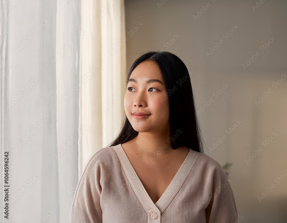 Portrait of Young Beautiful Woman in Sustainable Minimalist Clothing Indoors