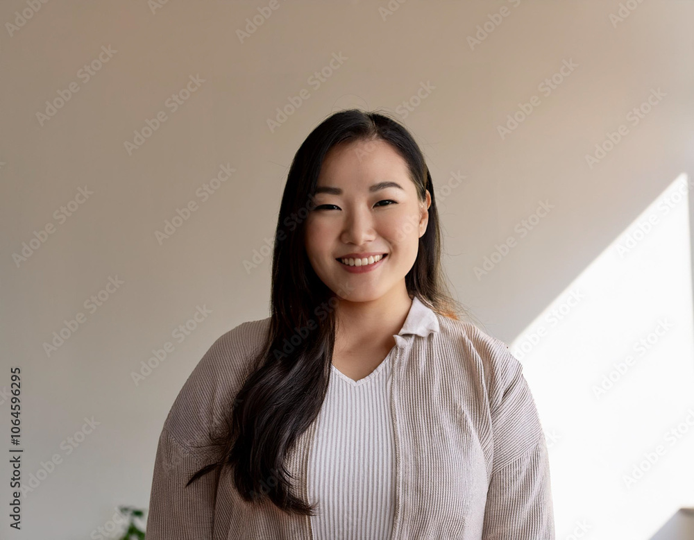 Portrait of Young Beautiful Woman in Sustainable Minimalist Clothing Indoors Portrait of Young Beautiful Woman in Sustainable Minimalist Clothing Indoors