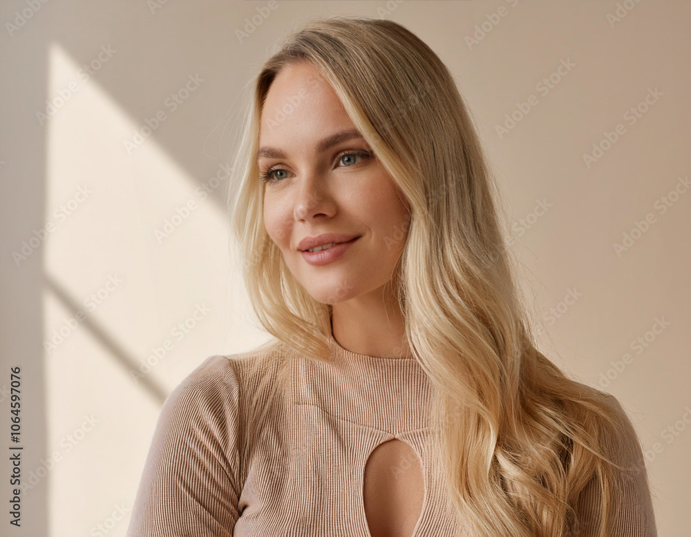 Portrait of Young Beautiful Woman in Sustainable Minimalist Clothing Indoors Portrait of Young Beautiful Woman in Sustainable Minimalist Clothing Indoors