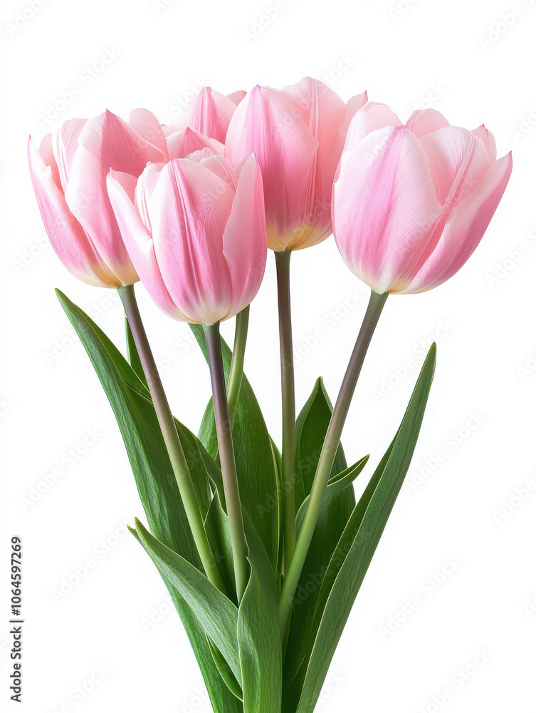 A bouquet of pink tulips with green leaves, symbolizing beauty and elegance. A bouquet of pink tulips with green leaves, symbolizing beauty and elegance.